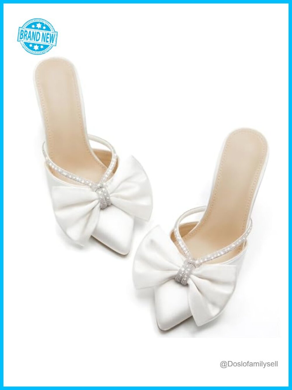 Coutgo Women's Rhinestone Bow Satin Pointed Toe Stiletto Mule Heels Wedding